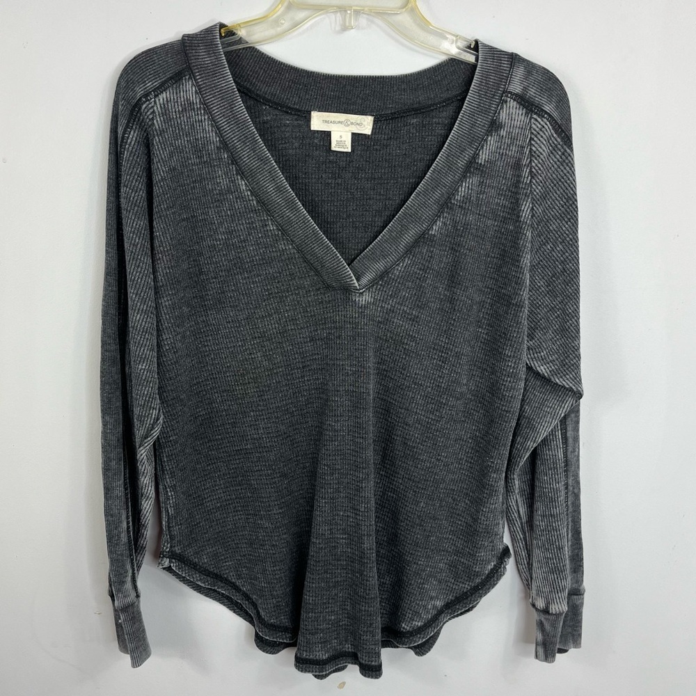 Treasure & Bond Size Small V-Neck Gray Waffle Knit Thermal Long Sleeve Tee L15